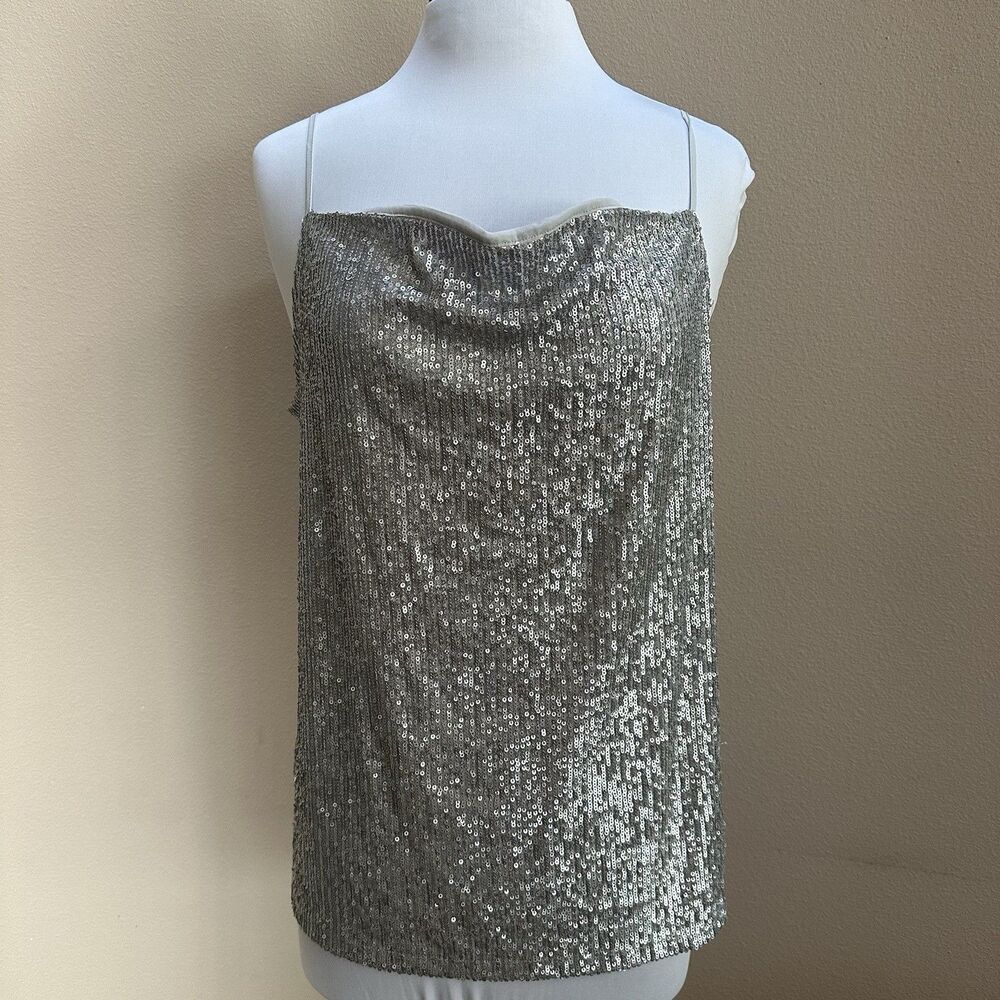 Ann Taylor Silver Sequin Cami Tank Top Spaghetti Strap Cowl Size Med Party Event
